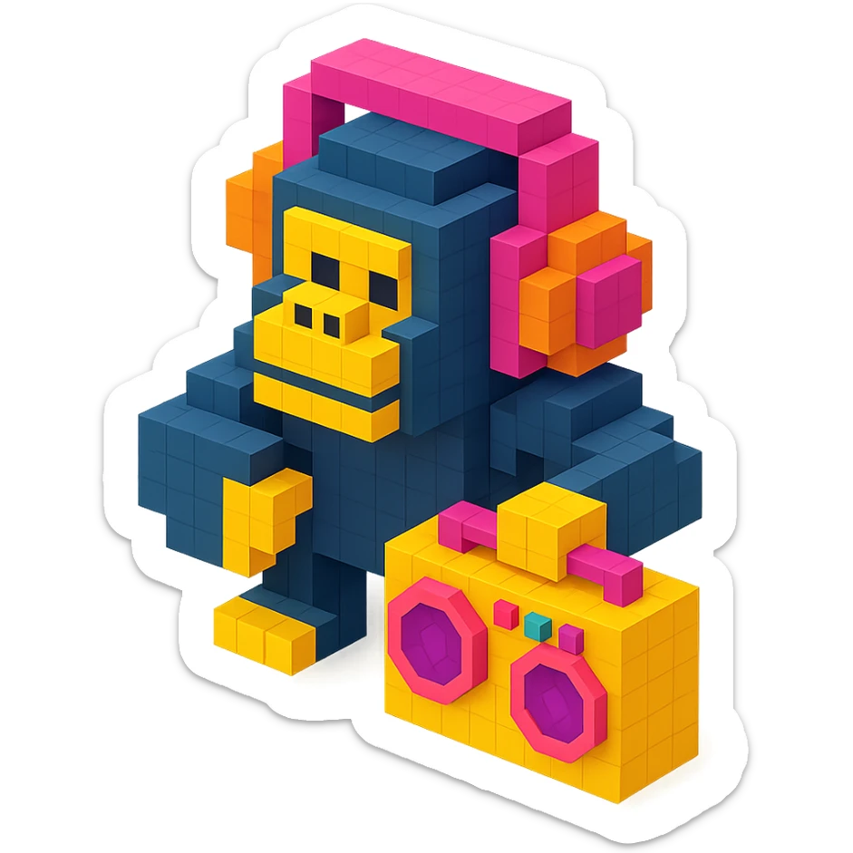 voxel style gorilla with headphones, holding a boombox, isometric view sticker