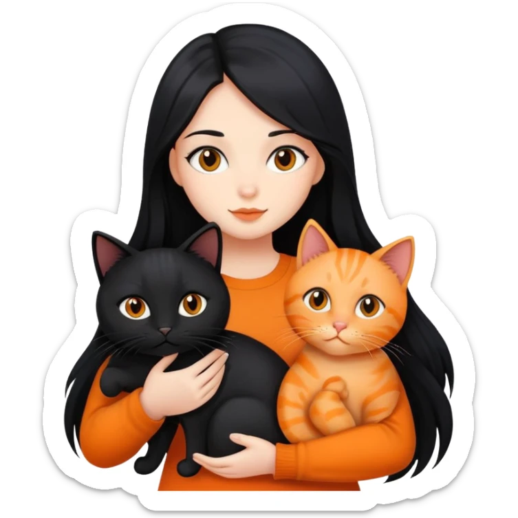 A girl with long black hair is holding a black cat, an orange cat, and a black cat sticker