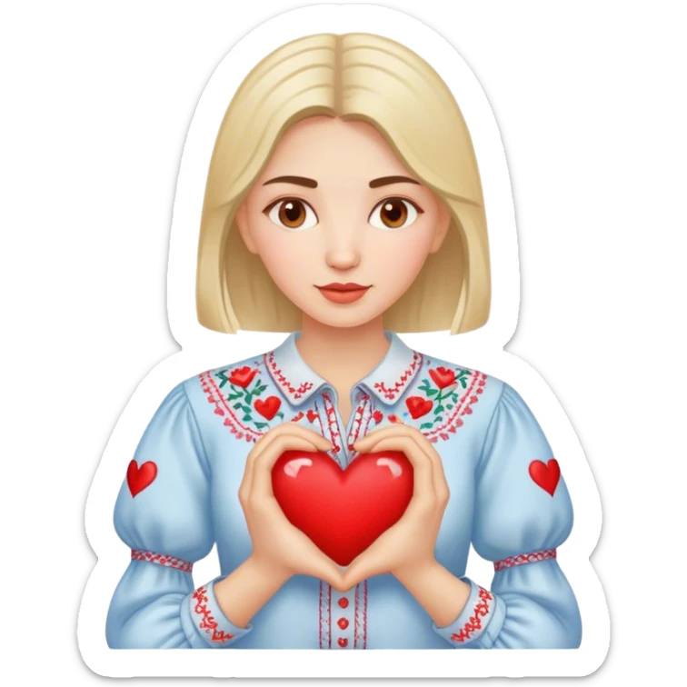 A Ukrainian woman in an embroidered shirt holds a heart in her hands sticker