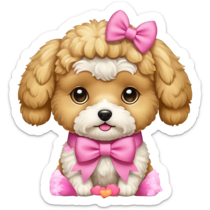 Golden maltipoo dog with pink bow k bow that is very poise sticker
