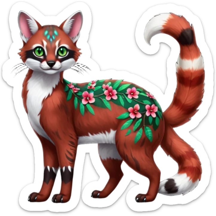 Colorful dark tropical sanguine-red, black, white fur, with green eyes, iridescent glorious divine exotic cute cool beautiful shiny beautiful floral fantasy-caracal-civet-genet-sergal-vernid-Cacomistle-oncilla-animal-Fakémon-hybrid-fursona with pattern markings (full body) sticker