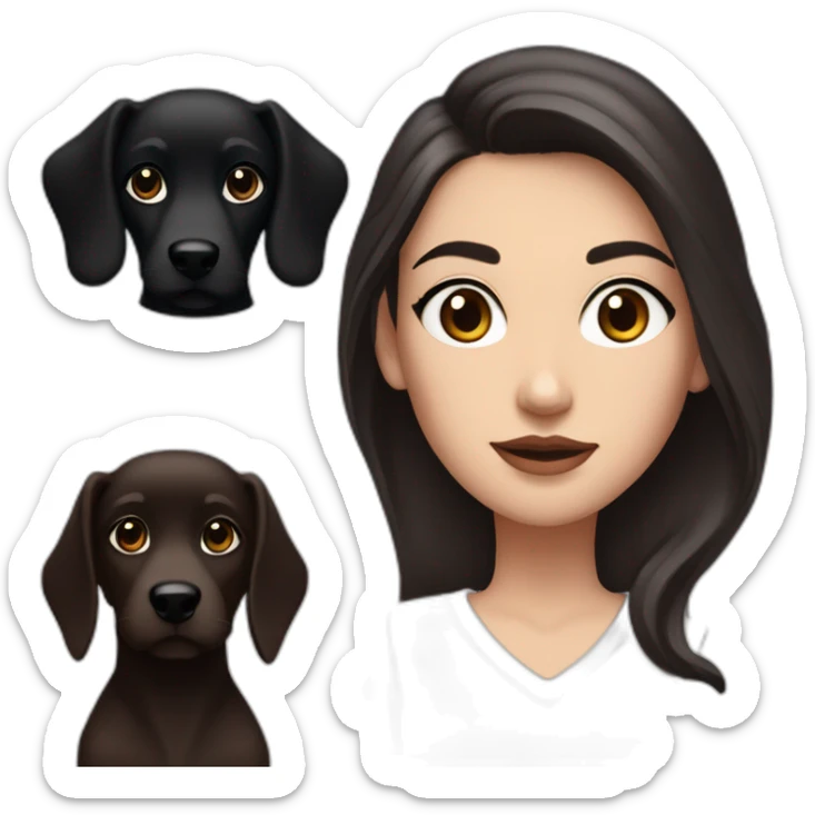White women with long dark brown hair and long eyelashes dark brown eyes and thick dark brown eyebrows and Black dog with a white stripe on the neck with pointed ears raised up sticker