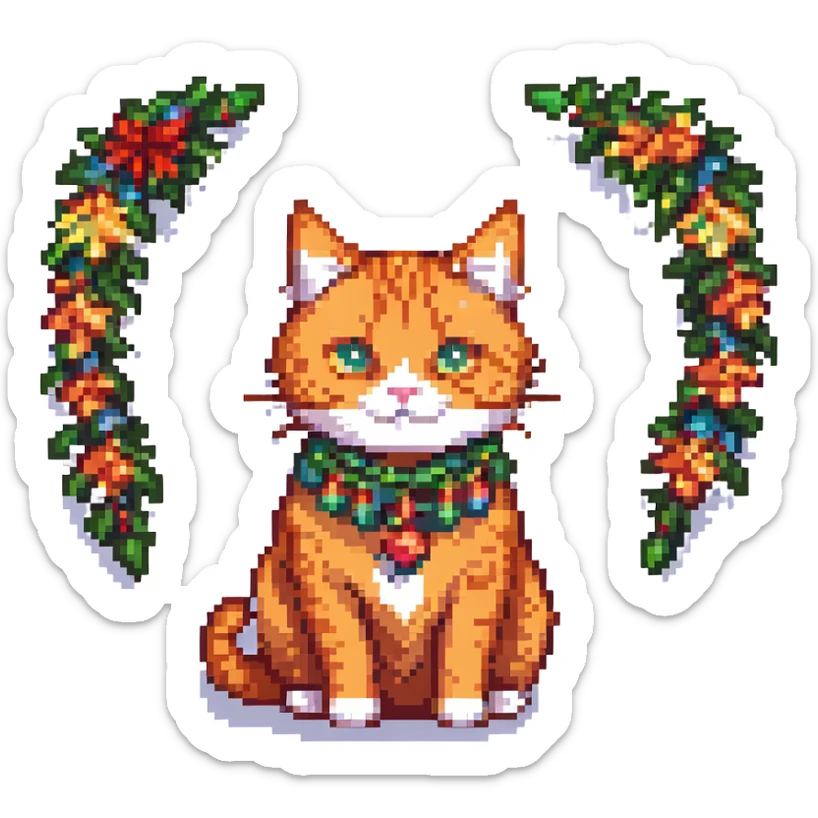 orange cat in pixel art style, minimalist gaming style, Christmas garland like on a New Year tree sticker