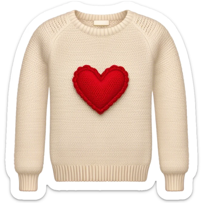 knit cream-colored sweater with red crochet heart on the lefthand sleeve sticker