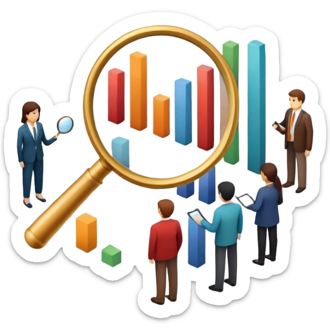 An icon featuring a group of diverse people, interconnected by lines, symbolizing sociology. The design includes a magnifying glass and a bar chart, representing the study of societies and social structures. Transparent background highlights the analysis of human behavior and social dynamics. sticker