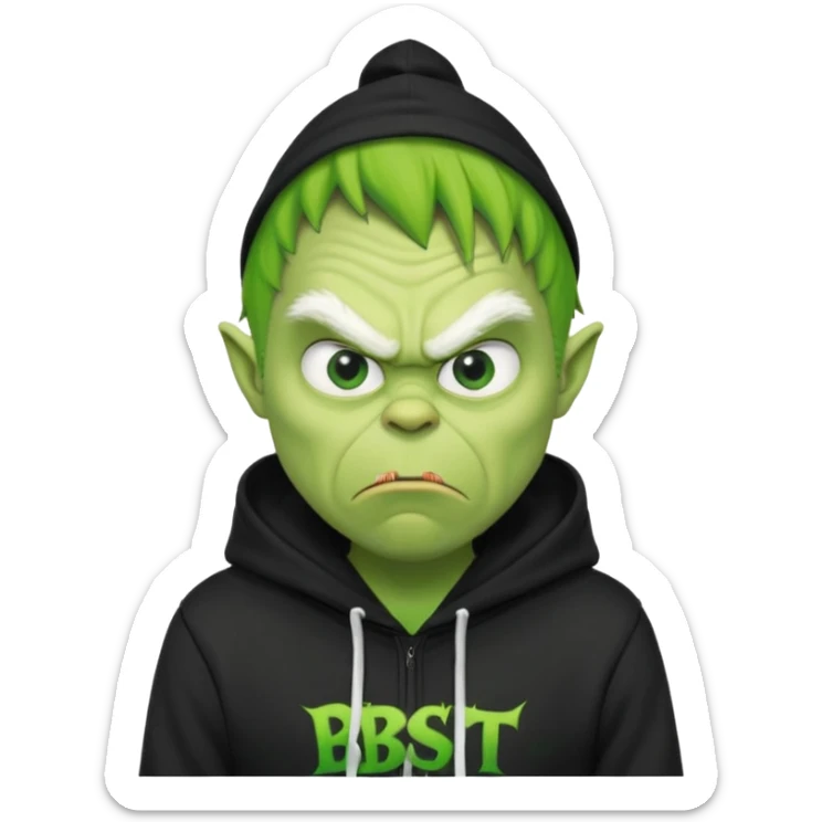 Create an avatar of white european male in hoodie with ``BST`` letters on it. make him look like grinch from movie sticker