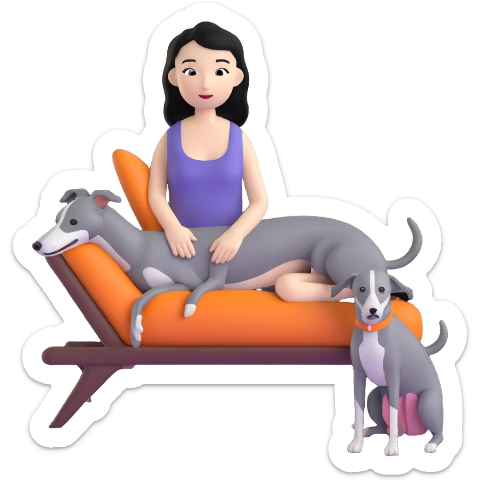 Very thin Chinese woman with long black hair relaxing in a luxurious hotel suite with exactly ONE whippet dog. EXTREME IMPORTANCE: the whippet must be ONE SOLID MEDIUM GREY COLOR (not too dark, not too light) from nose to tail with ABSOLUTELY NO WHITE MARKINGS anywhere - NO white on face, NO white on muzzle, NO white on chest, NO white on paws, NO white on tail - NOTHING BUT A SINGLE SHADE OF MEDIUM GREY throughout the entire animal sticker