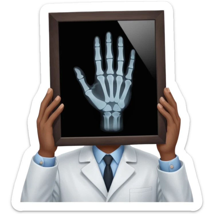 Radiografía de mano sostenida por un hombre con bata blanca  piel clara cabello café obscuro sticker