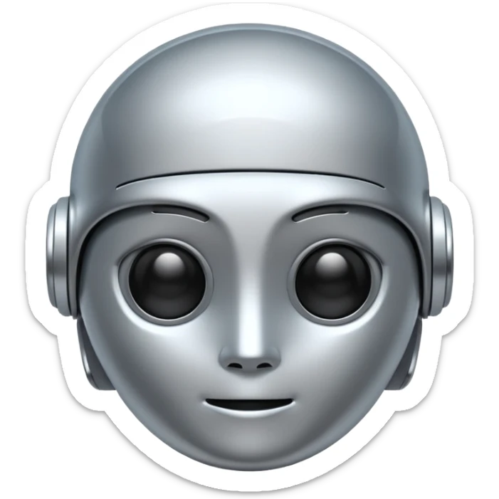 A cute futuristic robot emoji made of silver chrome, rounded friendly body, minimal facial features, glossy metallic surface, soft reflections, iOS emoji style, centered, clean white background sticker