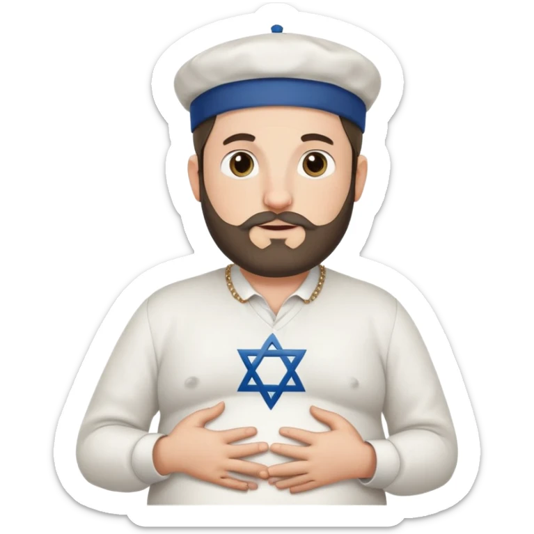 Pregnant Jewish man facing left with hands on belly, wearing a kippah and Star of David necklace, with facial hair sticker