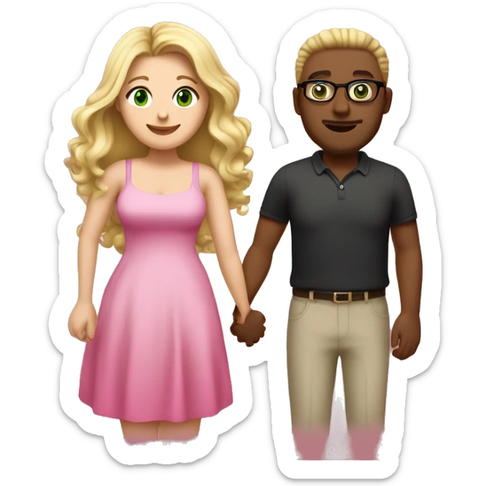 Curvy woman with long blonde hair and green eyes wearing a pink dress and holding hands with a brown man with short curly black hair and glasses sticker