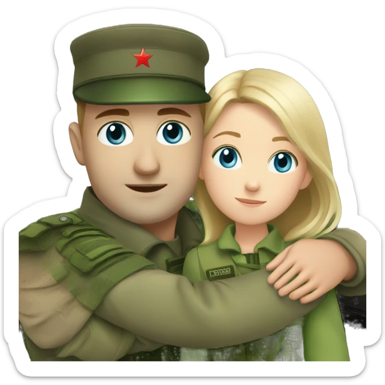 russian soldier with blue eyes hug girl with green eyes near train sticker