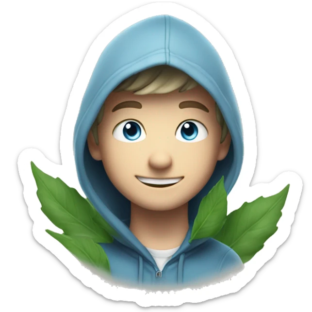 smiling Caucasian boy with blue eyes in hoodie surrounded by green leaves and smoke behind him sticker