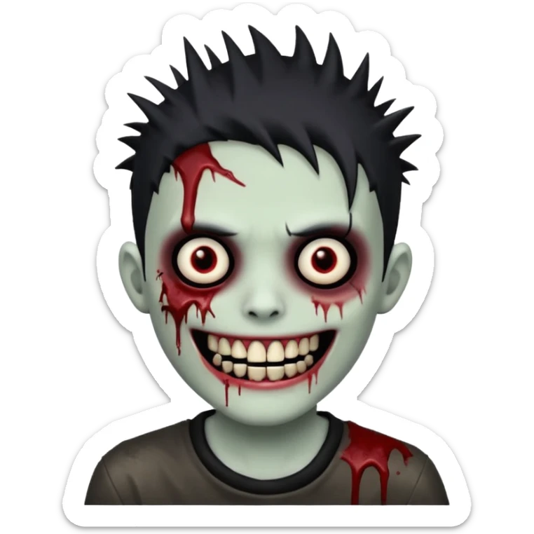 zombie boy with emo spiky hair, white skin, and white eyes; an open smile, and bloodied teeth; sticker