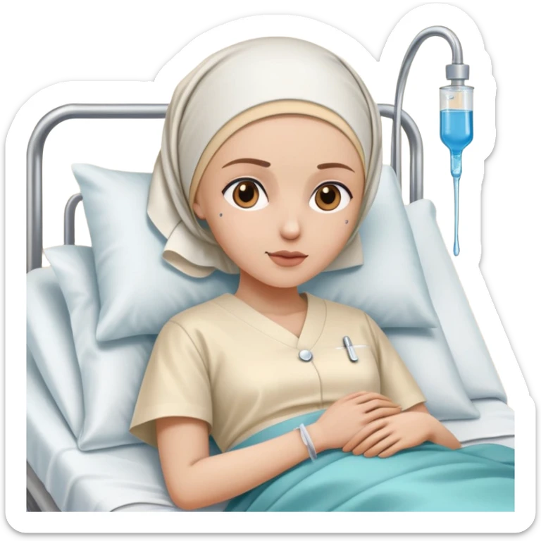 leukemia patient in a hospital bed with a headscarf and IV drip, nurse nearby sticker