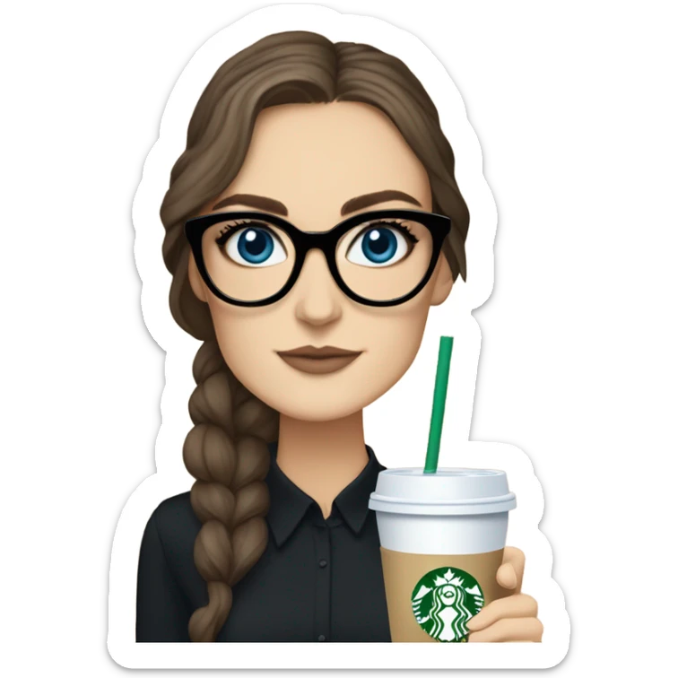 Photo of elegant Keira Knightly wearing black glasses and blue eyes holding Starbucks  sticker