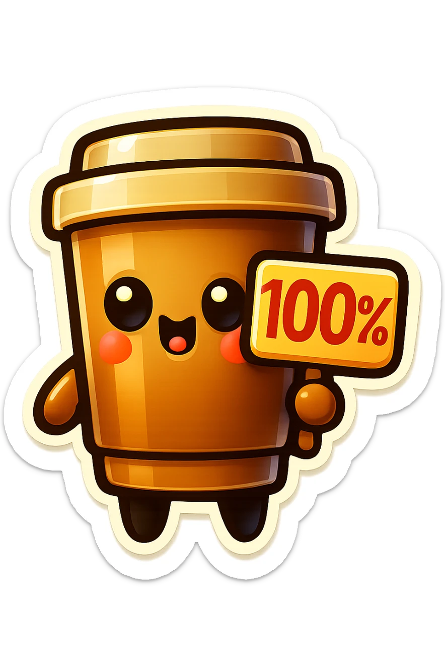 Tall coffee cup, holding sign "100%" sticker