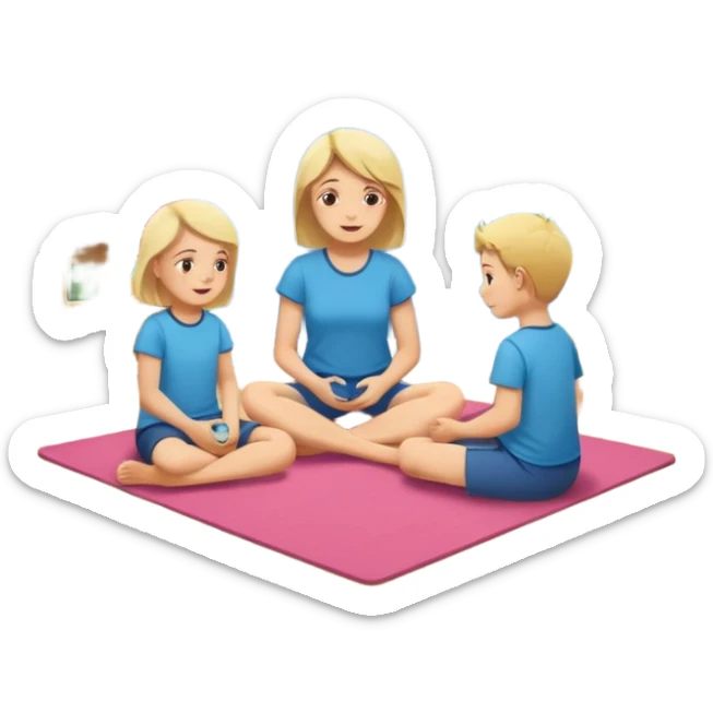 create a flat illustration of a children's room where the mother is sitting on the floor and two children are playing nearby sticker