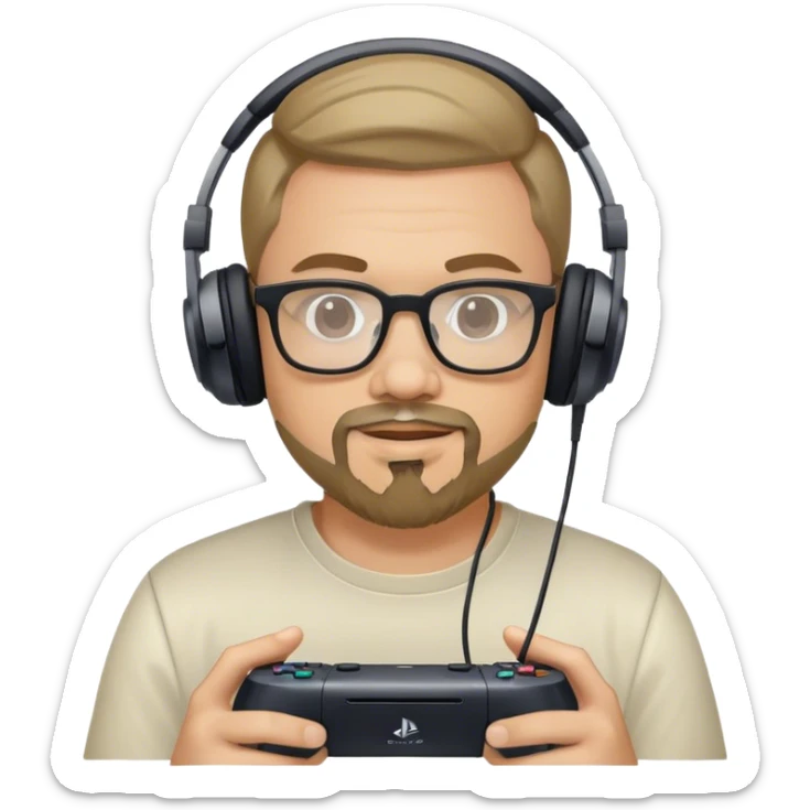 Muchacho guapo tez moreno claro con barba de candado con lentes con audífonos jugando playstation sticker