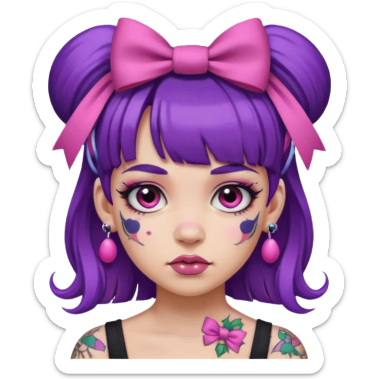 girl with bangs and purple hair and pink hairbow on the side of head and earrings and very heavy face tattoos sticker