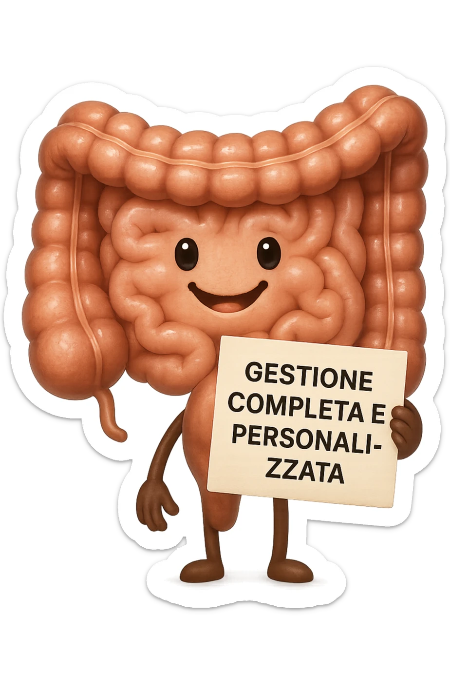 emoji stile iphone di un intestino umano anatomico ED ESPRESSIONE FELICE MENTRE LEGGE con foglio in mano con la scritta "GESTIONE COMPLETA E PERSONALIZZATA"
IPERREALISTICO 4K sticker