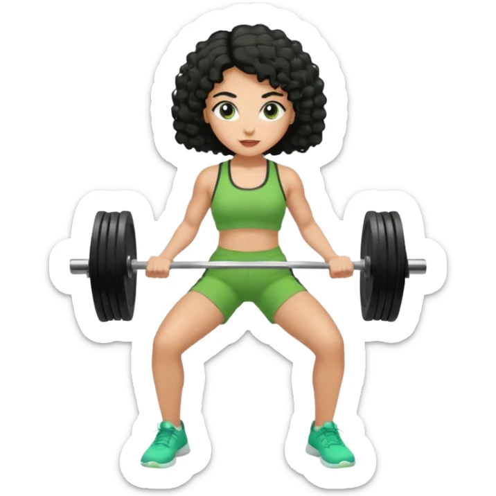 woman with olive skin and curly black hair wearing a green workout outfit (shorts) and lifting weights sticker