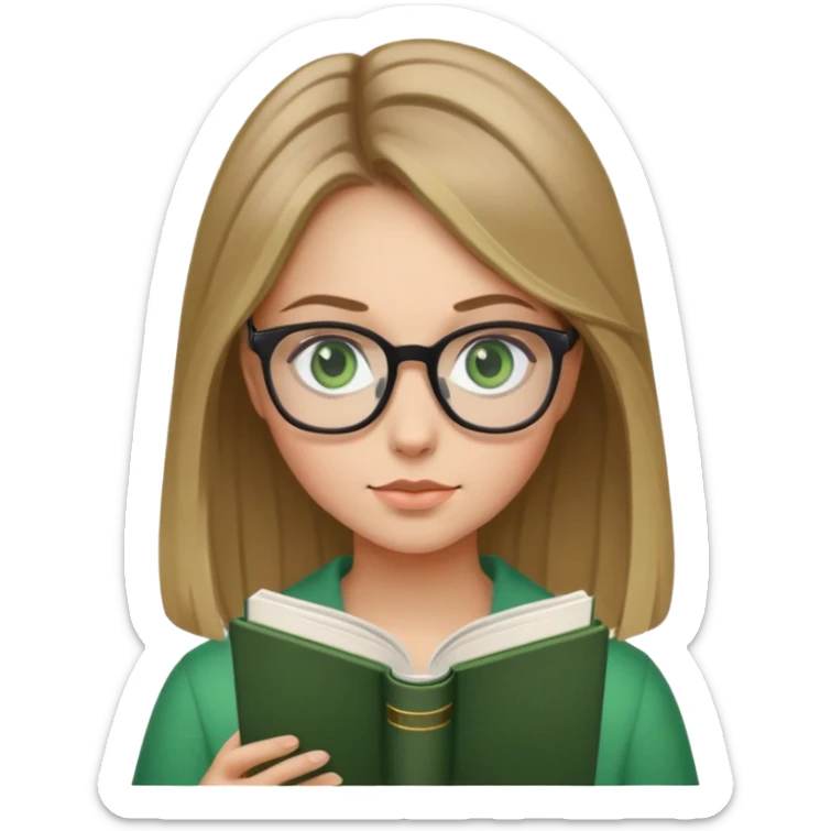Dark blonde hair with green eyes and glasses girl reading a black book sticker