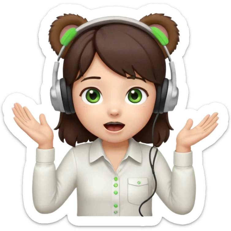 Chibi girl, dark brown hair, green eyes, wearing a white shirt and small brown bear ears on a headset, with wide happy surprised eyes and mouth and clapping excitedly sticker