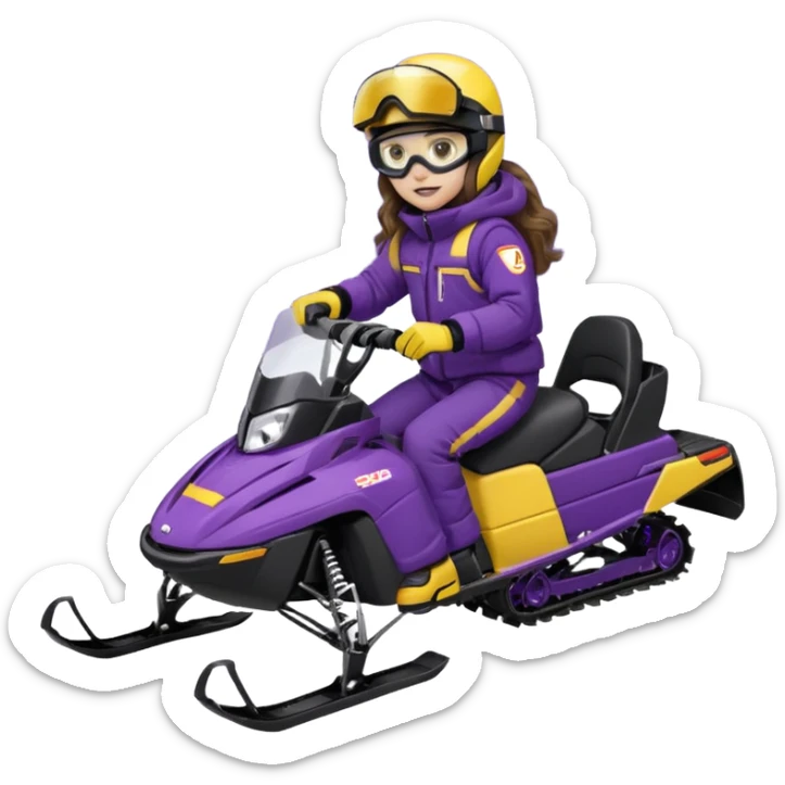 Brown, long wavy hair, ski-doo jacket and pants ski doo boots helmet and goggles, dark purple sled Sitting on dark purple snowmobile goggles and helmet not covering my face brown eyes white skin dark purple formula 1995 snowmobile sticker