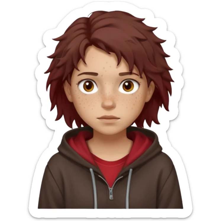 Hobo tomboy with light skin, freckles, dark brown shoulder-length hair in a messy style. Brown eyes, dark brown hoodie, dull red shirt. sticker