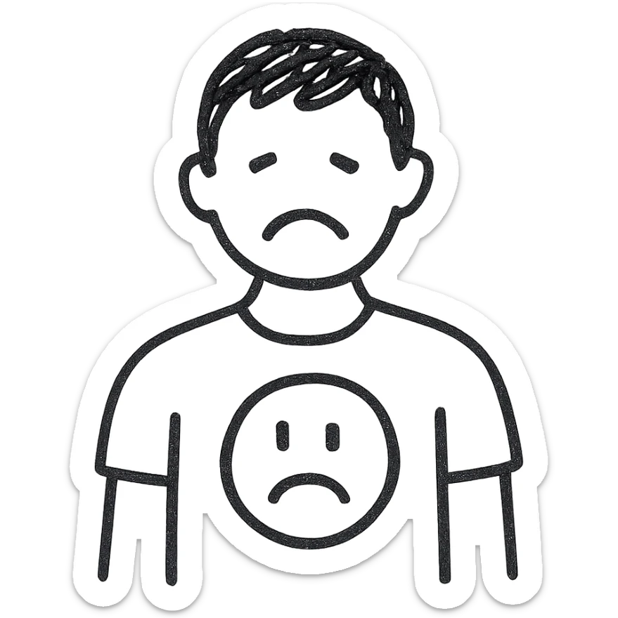 simple black and white outlined icon of a man wearing a t-shirt, sad cartoon face, no background sticker