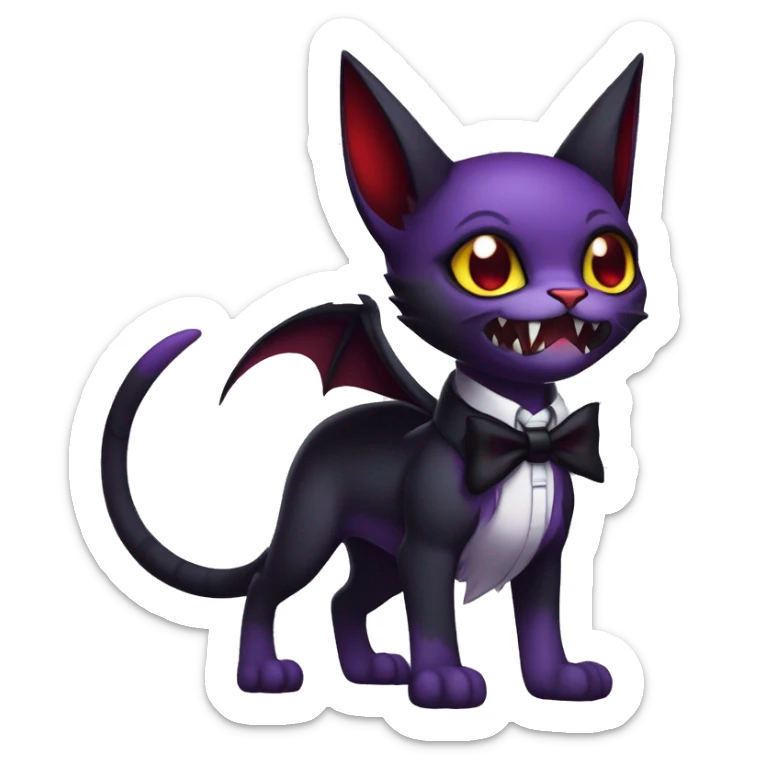 Cute-Evil-Vampiric-Batty-Cat-Black-Purple-Red-Yellow-Contrast-Colors-Fantasy-Fur-Sona-Chibi-Shiny-Fakémon-Hybrid with horns and big fangs neck bow white tie leg spats full body sticker