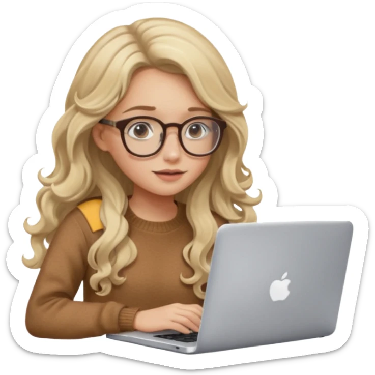 blonde girl with long dark blonde wavy hair, pantos-style glasses, a brown sweater, sitting and looking in laptop, soft pastel, upper body shot sticker
