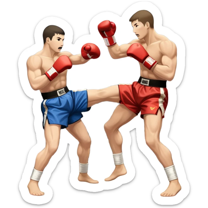 An icon symbolizing kickboxing, featuring two fighters in the midst of an intense match. One throws a powerful roundhouse kick, while the other counters with a punch. The background shows a ring, with ropes and a cheering crowd. Transparent background highlights the action and strength sticker