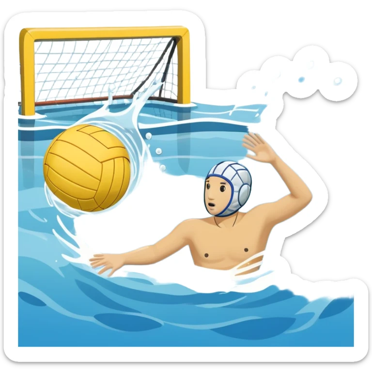 An icon featuring a yellow water polo ball floating on the water with goals in the background, inside a swimming pool. The design includes splashes and ripples, symbolizing the fast-paced action and strategy of water polo. Transparent background highlights. sticker