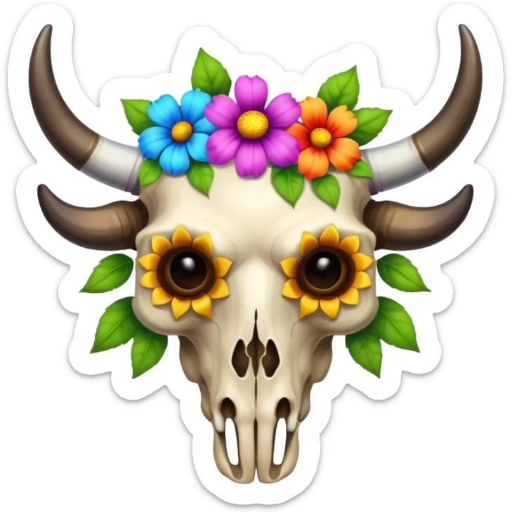 Bull skull with flowers coming out of its eye sockets  sticker