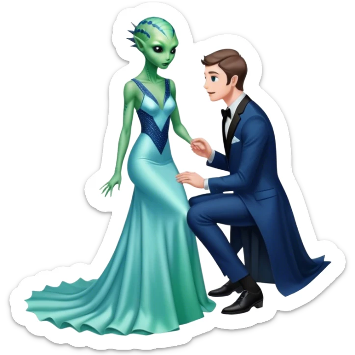 alien reptilian green skin woman, in long slim pastel blue formal party satin dress with gradient shiny sparkling navy blue diamonds embroidered , and caucasian man in black dres on his knees asks her to marry her sticker