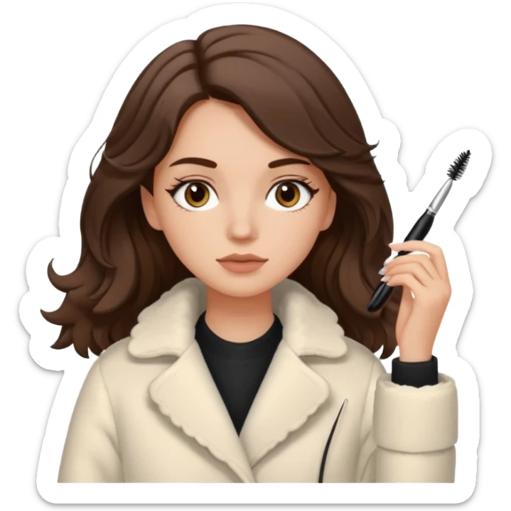 Garota branca de cabelos levemente ondulados castanhos escuros médio aplicando máscara de cílios, ela veste casaco off white estilo cozy sticker
