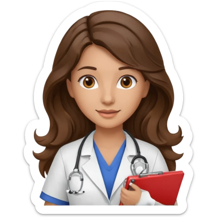 make a brunette nurse with long brown wavy hair and brown eyes holding a clipboard. she should also have a stethoscope around her neck. sticker