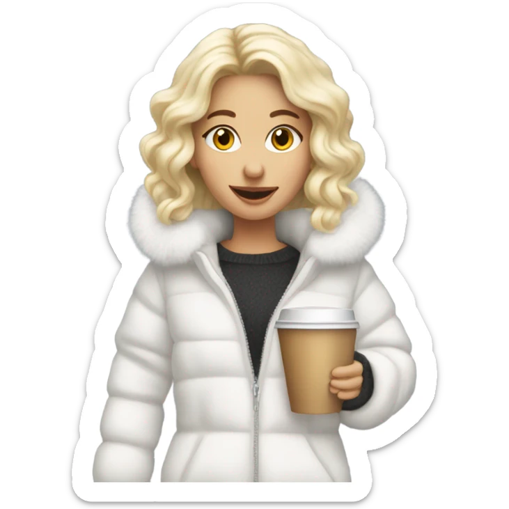 blonde girl wearing white fluffy jacket and a coffee to go in hand sticker