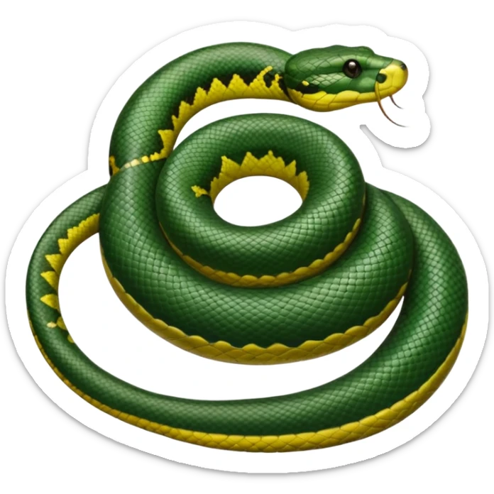 A photo-realistic top-down view of a Green Anaconda tightly coiled in a spiral, with its broad, flat head resting at the center. Its thick, muscular body is olive-green and covered in symmetrical, bold black oval spots that stand out against its smooth scales, creating striking natural camouflage. sticker