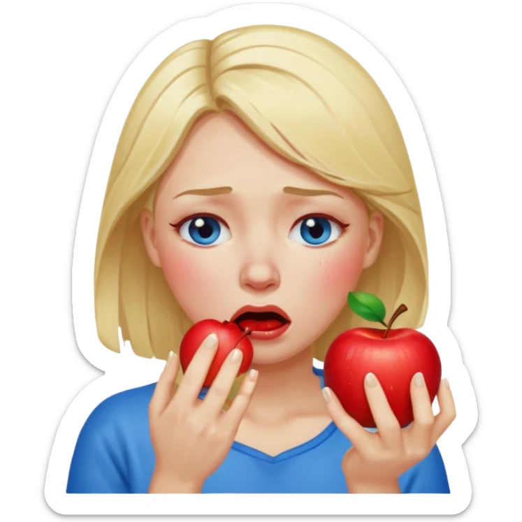 woman crying eating apple. make tears blue color and hair blonde sticker