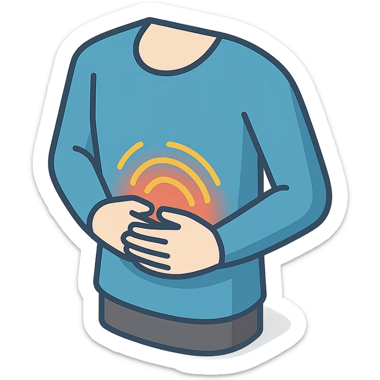 torso in clothing, hands holding painful stomach, waves of pain, 2d isometric style, detailed shadows and highlights, no face and legs, only torso in clothing, stomach, hands and visualization of pain, transparent background sticker