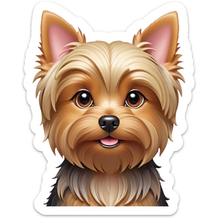 Cinematic Cute Yorkshire Terrier Portrait Emoji, Head perked with bright, twinkling eyes and a perky expression, showcasing a soft, silky fur in rich hues, simplified yet adorably detailed, glowing with a cheerful, inviting glow, high shine, exuding playful intelligence and spunky charm, styled with a gentle, whimsical outline, capturing the essence of a cute Yorkshire Terrier that appears ready to frolic off the screen with irresistible energy! sticker