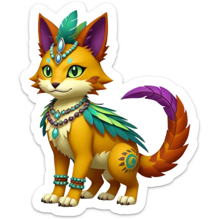 Kawaii cute reddish orangish yellowish greenish purplish exotic tribal beautiful pretty elegant divine edgy feline-vernid-sergal-Fakémon-Pokémon-Digimon-fursona-animal-creature with bracelet, necklace, full body, with intricate detailed markings, feather headdress  sticker