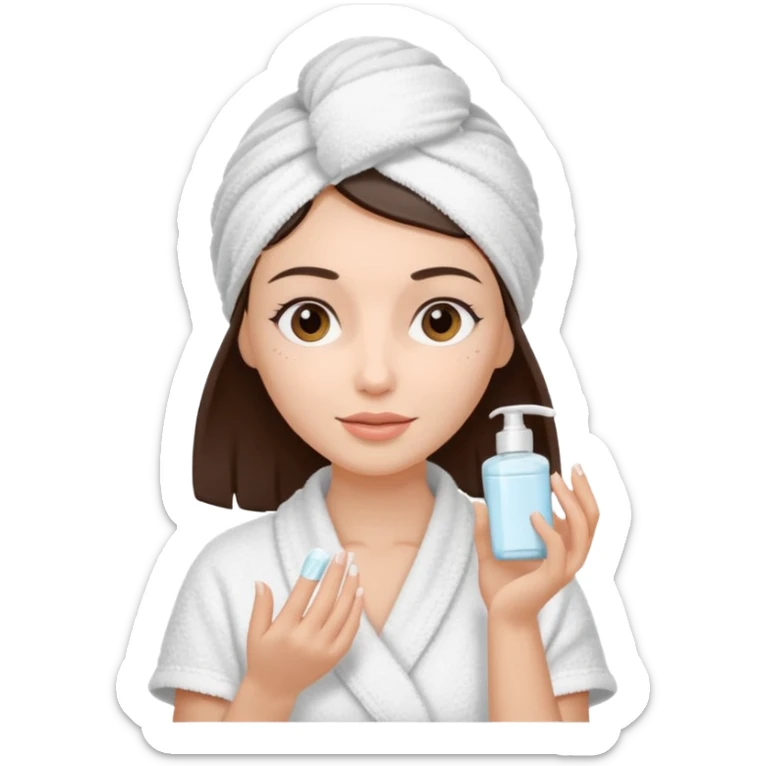 Uma mulher de toalha na cabeça pq ela acabou de sair do banho. A pele é branca/clara e cabelo marrom escuro, cabelo liso.  Ela tá com um hidratante nas mãos,  pq ela vai cuidar da pele sticker