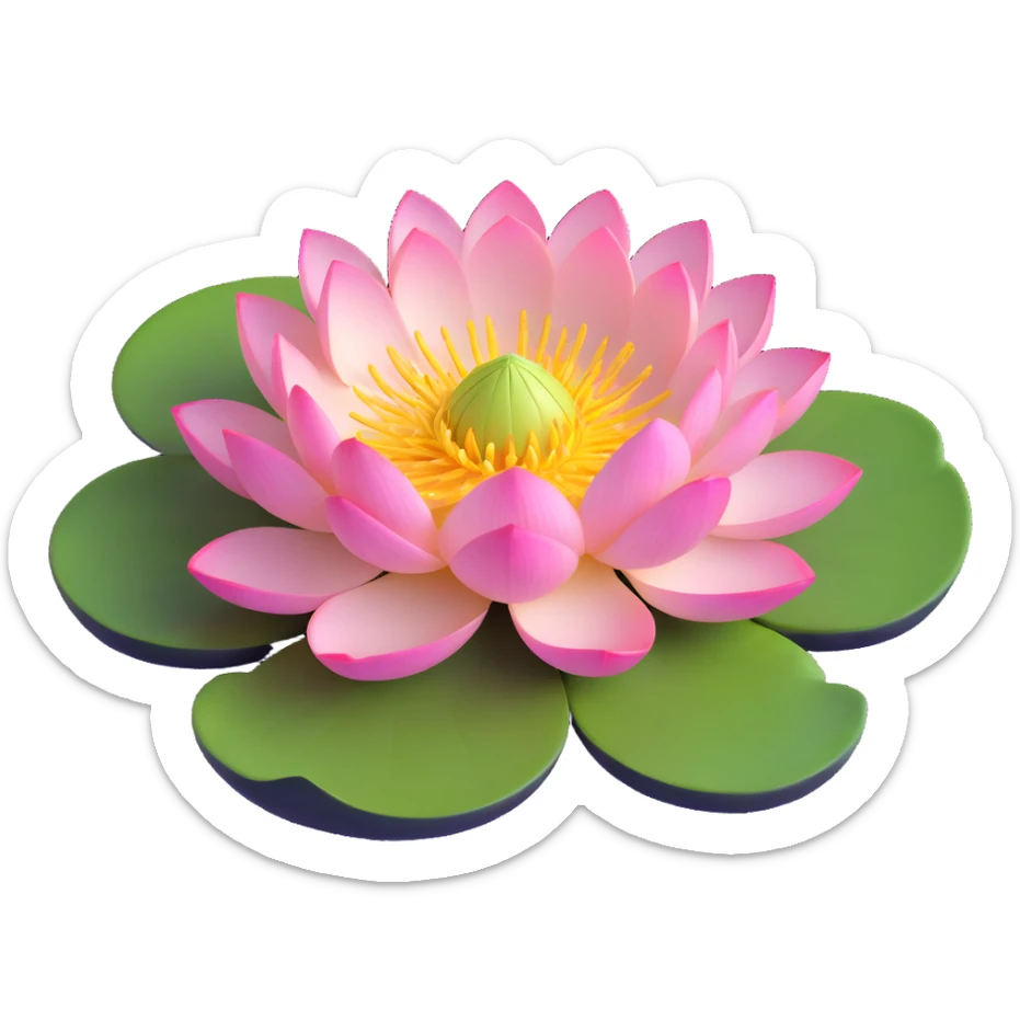 Elegant lotus flower with pink petals, yellow center and circular green lotus pad in water sticker