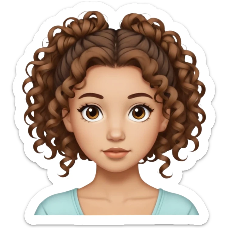 Chica con pelo rizado, marron, por la altura del omoplato, con peinado messy bun, con rulos de mechones, delante de las rejas otro mini rulo, y con baby hairs sticker