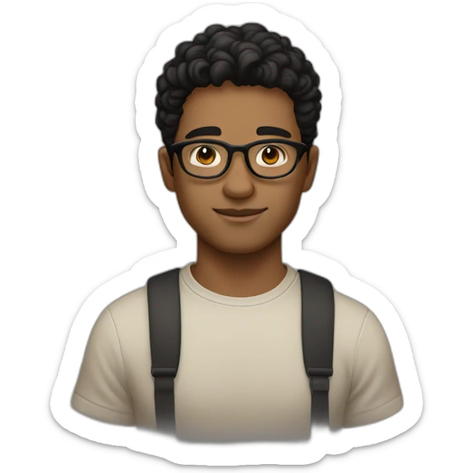 Light Brown guy, black wavy hair, no facial hair, transparent round glasses, black t shirt sticker