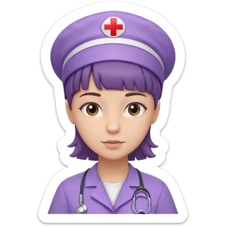 A young female slim nurse with short brown hair with fringe over her forehead, wearing larvendar purple working cloth sticker